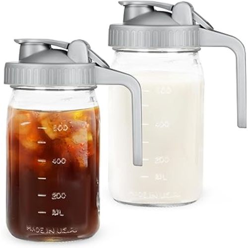 Creamer Pitcher Jar with Lid - 2Pack No Leak 32oz Airtight Mason Jar with Pour Spout Lid, Classic Wide Mouth Jar Easy to Clean, Ideal for Coffee, Breastmilk, Iced & Sun Tea, Juices