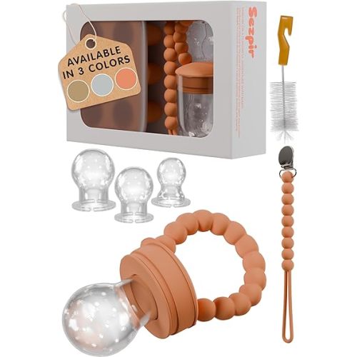 Silicone Baby Fruit Feeder Pacifier with Freezer Tray Made from Safe and BPA Free Materials, Suitable for Fruits, Veggies, Puree or Frozen Breast Milk Popsicle Teether with Clip Strap, Clay