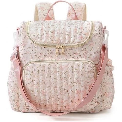 Lushandy Quilted Diaper Bag Backpack, Compact Floral Diaper Backpack Purse with Stroller Straps Baby Travel Hospital Bag