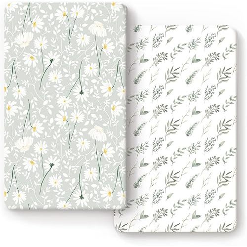 Stretchy Ultra Soft Jersey Knit Fitted Crib Sheets Set 2 Pack, Fit All Standard Crib Mattress Pads, Breathable Crib Sheet for Girls, Watercolor Daisy Flowers