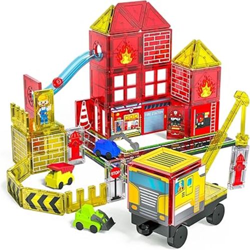 Magnetic Tiles for Kid, 56PCS Construction Magnet Tiles with Fire Truck & Station, Building, Road, Crane, and Car Toys - Educational Travel Magnetic Tiles for Kids Ages 4-8, STEM Toys for 3+ Year Old