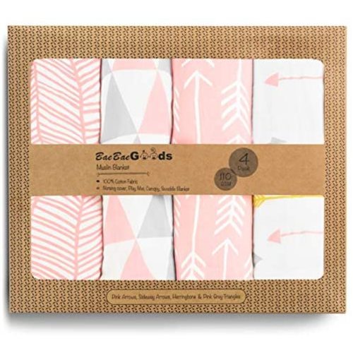 Muslin Swaddle Blankets – Soft Pure Cotton Muslin Blankets – 4 Pack of Breathable Swaddle Blankets – Unisex Baby Swaddle Blanket – Multi Use Muslin Blankets – 47 x 47 inches (Pink/Grey Triangles)