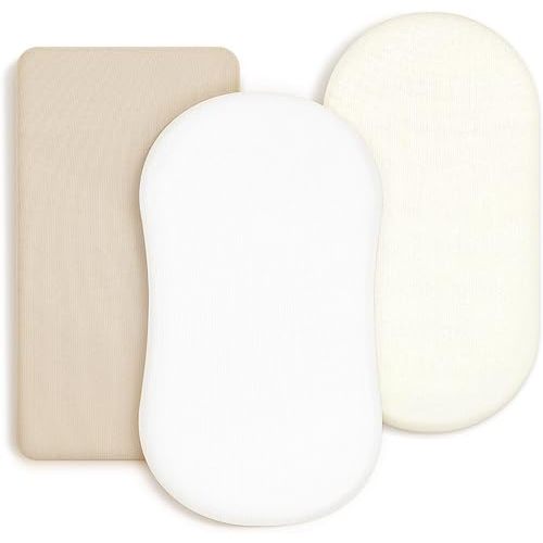 GRSSDER Stretchy Ultra Soft Fitted Bassinet Sheet 3 Pack, Universal Fit for Bassinets Baby Cradle Moses Basket Oval Rectangle Mattress Safe and Snug, Jersey Bassinet Sheets, Cream/Beige