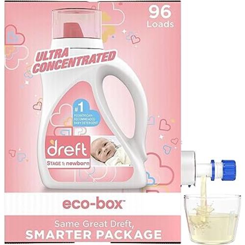 Dreft Stage 1: Baby Laundry Detergent Liquid Soap Eco-Box, Natural For Newborn, Or Infant, Ultra Concentrated He, 96 Loads - Hypoallergenic For Sensitive Skin