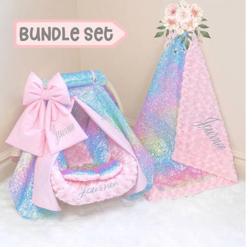 Holographic Rainbow Baby Girl Car Seat Accessories - Rainbow Personalized Embroidery - Baby Blanket - Car Seat Cover & Insert Cushions