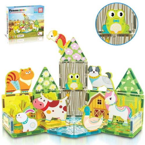 PICASSO-TILES Magnetic Tiles, Farm Theme with Animal Figures Building Blocks Set, STEM Educational Toy for Kids