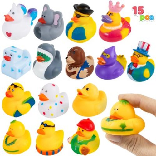 Joyfy 15 Pcs Rubber Ducks, Random Assortment Mini Rubber Duckie Toys with Mesh Carry Bag for Kids Baby Bath Shower Toys, Birthday Gifts, Summer Beach Pool Activity, Party Favors
