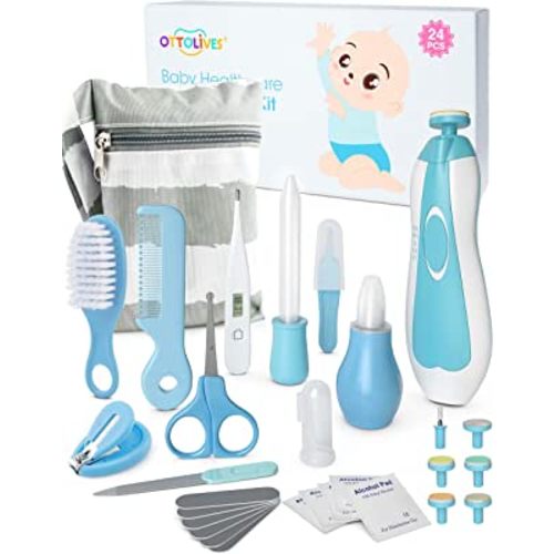 OTTOLIVES Baby Healthcare and Grooming Kit, 24 in 1 Baby Electric Nail Trimmer Set Newborn Nursery Health Care Set for Newborn Infant Toddlers Baby Boys Girls Kids Haircut Tools (0-3 Years+) (Blue)