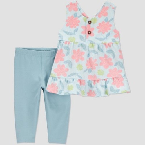 Carter's Just One You®️ Baby Girls' Floral Tank Top & Pants Set - Green 12M: Cotton Tunic, Sleeveless, Back Button, Elastic Waistband