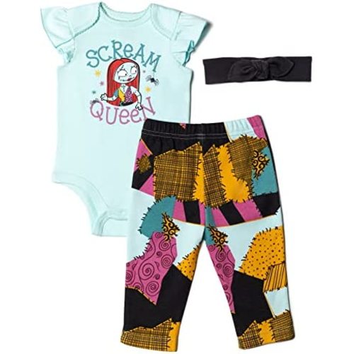 Disney Nightmare Before Christmas Zero Sally Jack Skellington Baby Girls Bodysuit Pants and Headband 3 Piece Outfit Set
