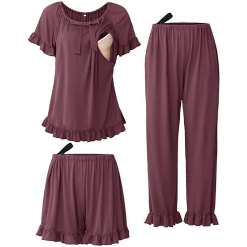 SUNNYBUY 3Pcs Ruffle Trim Postpartum Nursing Pajamas Set with Bowknot, Maternity Breastfeeding PJS Pregnancy Sleepwear