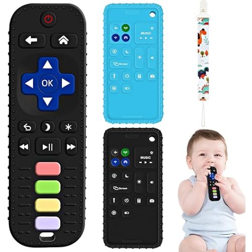 3 Pack Baby Teething Toys,Teethers for Babies 0-6-12-36 Months,Teething Remote Controll Toy for Baby,Silicone Chew Toys,Baby Remote +Phone Shape Teether,Infant Toys,Baby Girls Boys Gift