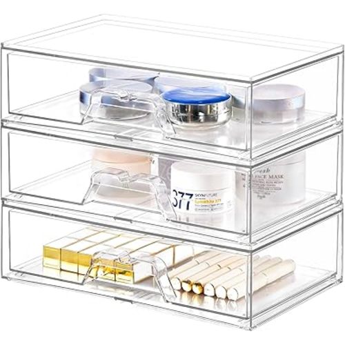 3 Pack Stackable Makeup Organizer, 12.1''L Acrylic Bathroom Organizer and Storage Undersink Drawer, Cosmetics and Beauty Supplies,Clear Plastic Storage Bins for Vanity,Pantry,Desk,Cabinet,Kitchen