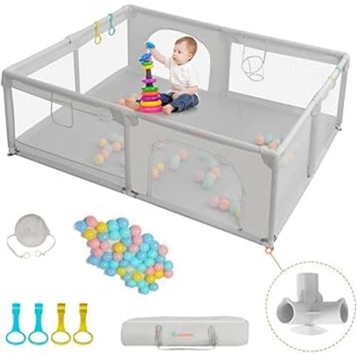 COMOMY Playpens for Babies and Toddlers, 79"x63" Baby Playard Extra Large, Safe and Non-Slip Baby Fence, Full Mesh Design, Indoor & Outdoor Kids Activity Center, Baby Play Pens (Beige)