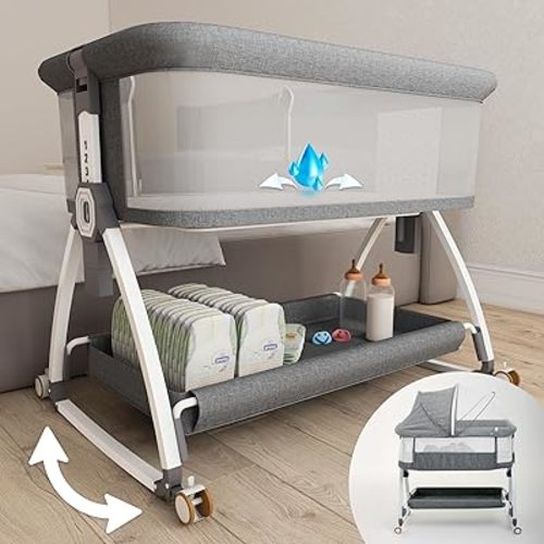 Earth&ME Baby Bassinet Bedside Sleeper with Rocking - All Mesh Portable Bedside Crib for Safe Co-Sleeping, Storage Basket and Wheels, Adjustable Height, Includes Travel Bag, Mosquito Net