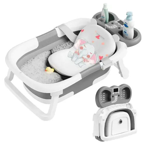 Collapsible Baby Bathtub,Baby Bath Tub with Soft Cushion & Thermometer,Baby Bathtub Newborn to Toddler 0-36 Months,Portable Travel Baby Tub