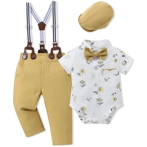 Baby Boy Clothes Suits 3-24M Infant Gentleman Outfits, Short Sleeve Shirt+Bowtie+Beret+Suspender Pants Clothing Set