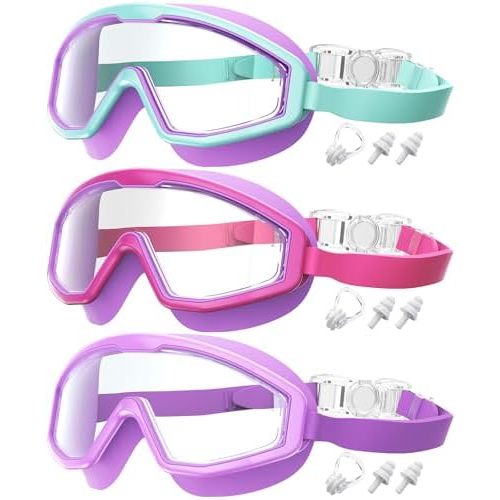 Kids Goggles Age 4-16, Anti-Fog UV 180°Clear View Kids Swim Goggles, 3 Pack Swimming Goggles Waterproof Pool Goggles