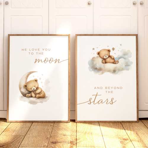 Bear Nursery Wall Art, Moon Nursery Wall Decor, Gender Neutral Nursery Print, We Love You to the Moon Nursery, Boho Nursery, Animal UNFRAMED