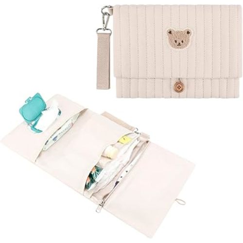 MOMIGO Baby Diaper Bag Organizer Pouches - Waterproof Pod Foldable Diaper Organizer Set, Cute Bear Bag Gift for Baby Shower (Khaki)