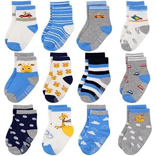 Baby Boy Socks, Non Slip Toddler Socks, 12 Pairs Cotton Grip Socks Crew Socks Grippy Socks for Baby Boy