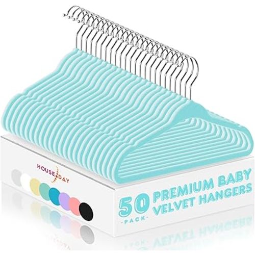 HOUSE DAY Velvet Baby Hangers 50 Pack, Premium Children's Hangers for Infant & Toddler Clothes, Durable Non Slip Baby Felt Hanger Blue, 11 Inch Hanger for Closet, Ideal for Everyday Use