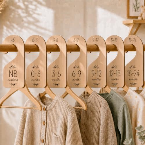 Baby Closet Dividers for Clothes Organizer - Set of 7 Adorable Wooden Double-Sided Baby Clothes Size Hanger Organizer from Newborn to 24 Months for Nursery Beautiful Decor