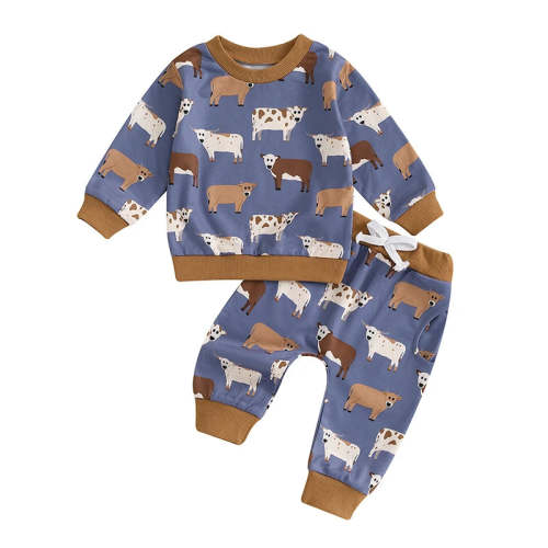 Baby Toddler Boys 2Pcs Cow Print Long Sleeve Crew Neck Top with Elasti – August + Willow