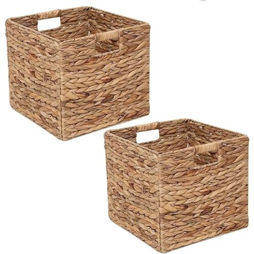 Set of 2 Storage Baskets Wicker Cube Baskets Foldable Handwoven Water Hyacinth Laundry Organizer,10 * 10 inches Woven Baskets, Wicker Storage Basket, Water Hyacinth Storage Baskets (2)