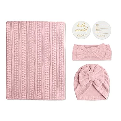 Baby Blankets,5PCS Security Blanket for Babies - Swaddle Adjustable Wearable Blanket, 5pcs Newborn Accessories Set with Hello World Wooden Birth Announcement Card, Baby Blankets for Girls&Boys (Pink)