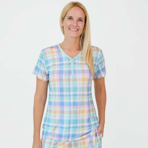 Pastel Plaid Women's Short Sleeve Pajama Top