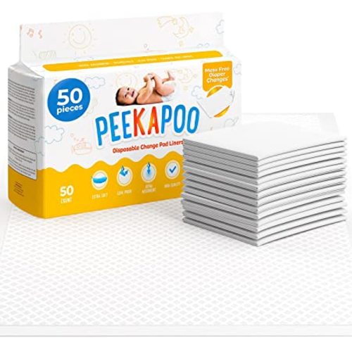 Peekapoo - Disposable Changing Pad Liners (50 Pack) Super Soft, Ultra Absorbent & Waterproof - Covers Any Surface for Mess Free Baby Diaper Changes