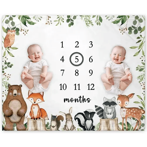 Yuzioey Twins Woodland Milestone Blanket, Twins Forest Animals Baby Growth Chart Monthly Blanket, Watch Me Grow Twins Baby Nursery for New Moms Baby Shower(50"x40")