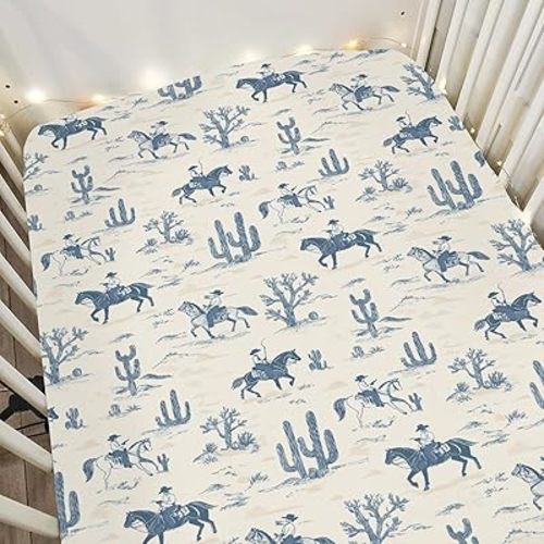 Vintage Western Cowboy Baby Crib Sheets, Standard Size (28x52 inches), Polyester, Brown, Beige, Tan, Cartoon Pattern, 9 Inch Deep Pocket, 300 Thread Count, Machine Washable