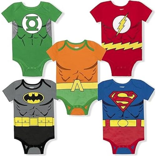 WARNER BROS Justice League Baby Boys 5 Pack Character Creepers - Batman, Superman, Flash, Aquaman and Green Lantern