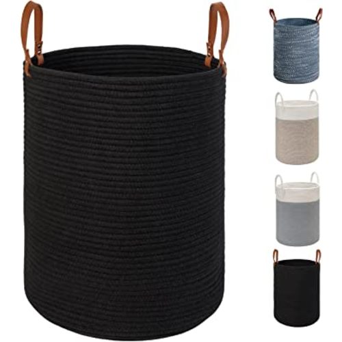 TOTANKI Large Cotton Rope Laundry Storage Basket - 15.7 Inches(D) x 19.7 Inches(H) - Collapsible Woven Basket with Leather Handles for Storing Clothing, Diapers, Toys (Black)