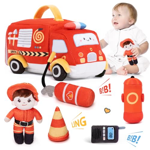 OUOZZZ Firetruck Toys for Toddlers 1-3 - Stuffed Toy Set with Baby Firefighter Doll - Fire Truck Plush Sensory Toy - First Birthday Gift for Boys Portable Toys Montessori- Fire Toy for Babies