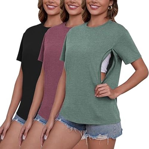 Ecavus Women's 3-Pack Nursing Shirts for Breastfeeding with Hidden Zippers Loose Fit Maternity Tops