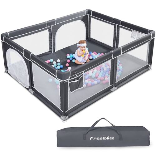 ANGELBLISS Baby Playpen, Extra Large Playard, Indoor & Outdoor Kids Activity Center with Anti-Slip Base, Sturdy Safety Play Yard with Breathable Mesh, Kid's Fence for Toddlers(Dark Grey,71”x59”) - 71x59''