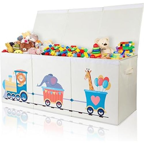 Extra Large Collapsible Sturdy Toy Storage Organizer with Lids, Animal Train Toy Box for Boys Girls, 40"x16"x16", Modern, Beige