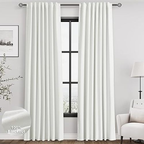 Nanspring Ivory Linen 100% Blackout Curtains 2 Panels Set Back Tab Rod Pocket Thermal Insulated Textured Black Out Curtains for Bedroom Living Room 52x86