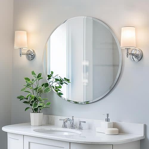 30" Round Frameless Wall Mirror, Frameless Circle Mirror for Over Sink, Beveled Edge, Simple & Elegant Look