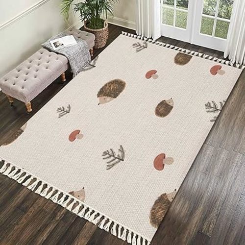 Kid Rug Cute Seamless Hedgehog Mushrooms Trees Drawn Woven Area Rug with Tassels Patio Mat Carpet Boho Home Decor Outdoor Living Room Kid Bedroom Playroom Nursery Rug 5x8'