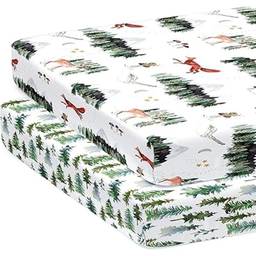 2-Set Pack N Play Sheets for Standard Pack and Plays and Mini Crib Sheet (Starry Woodland) - Sheets Fitted Ultra-Soft Cotton Blend, Beautiful Antique Rose Pattern, Safe and Snug for Baby