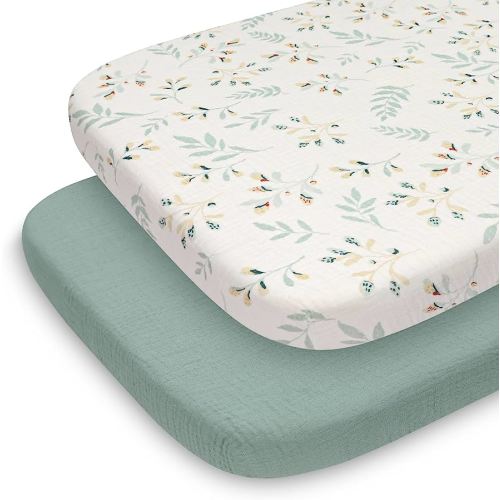 Blissful Diary Muslin Bassinet Sheets for Baby Girls Boys, Boho Soft Cotton Fitted for Oval Hourglass Rectangle Mattress, 2 Pack(Roman Green&Leaf)