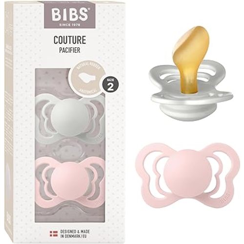 BIBS Couture Baby Pacifier 2-Pack | Made in Denmark | BPA Free Dummy Soother, Anatomical Nipple. Natural Rubber Latex, Size 2 (6-18 Months), Haze / Blossom