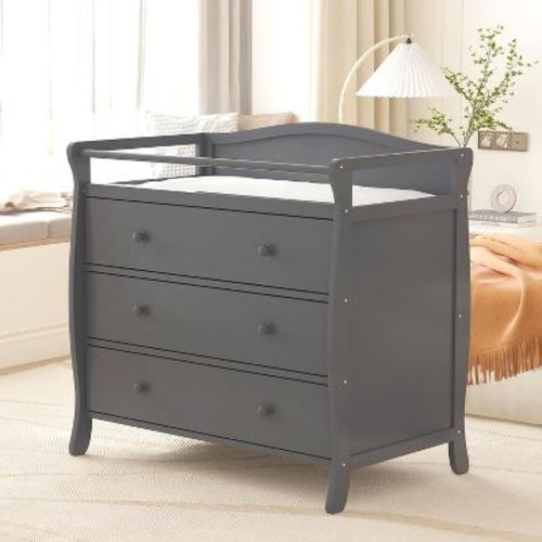 3 Drawers Baby Changing Table, Wooden Diaper Changing Station, with Safety Belt and Rails, Infant Dresser Table for Nursery Room, Bedroom, Grey