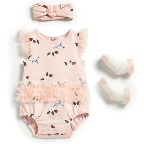 Baby Girl Bodysuits Romper with Lace Trim Super Cute One-piece Clothes with Socks and Hairbands