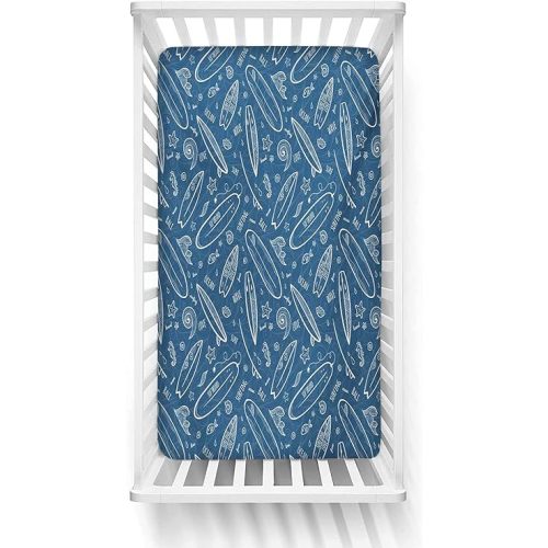Surfboard Fitted Crib Sheet,Blue Waters Oceanic Elements Waves Swirls Doodle White Outlines Hobby Fun Times Microfiber Silky Soft Toddler Mattress Sheet Fitted,28"x 52"x 8'',Baby Sheet for Boys Girls