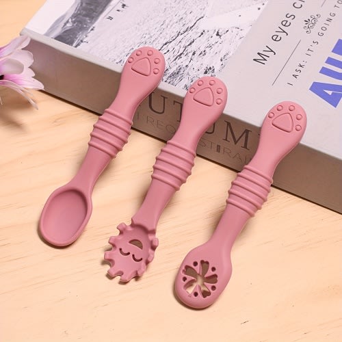 3pcs spoon feeding set, three styles, chewable silicone baby spoon, baby food spoon, self-feeding set, training spoon, soft-head silicone spoon, 100% food grade silicone, suitable for babies six months and above, infant Gift Outdoor Usage Spoon Sets